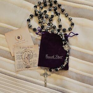 Nazareth Store Black Glass Rosary Saint St Benedict Agate Beads Necklace